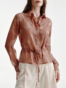 Aveloria Modichic Elegant Commuter Slim Waist Belt Decor Cutout Lotus Flower Long Sleeve Blouse - Brown - View 4
