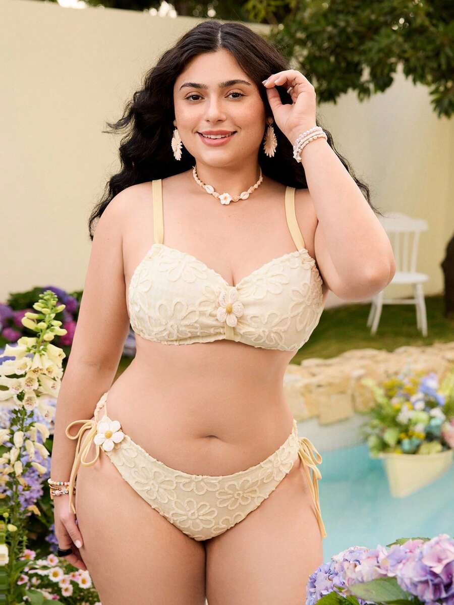 Swim Mod Bộ bikini cỡ lớn dành cho nữ, màu trơn, họa tiết hoa, kiểu dáng dễ thương, thích hợp cho kỳ nghỉ biển. - Màu vàng - Xem 1
