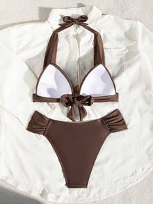 Swim Chiccia 女士纯色加粗肩带前海星装饰系带后背褶皱侧边吊带泳衣套装 - 咖啡棕 - 查看 4