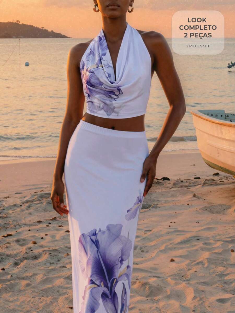 CAJUNI Set de 2 piezas de top estampado con flores lilas especiales y falda larga, conjunto de verano de dos piezas - Púrpura malva - Ver 1