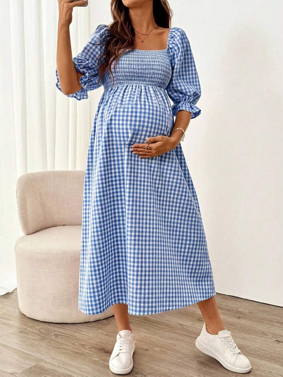 SHEIN Maternity Plaid Shirred Drawstring Casual Dress - Blue and White - View 1