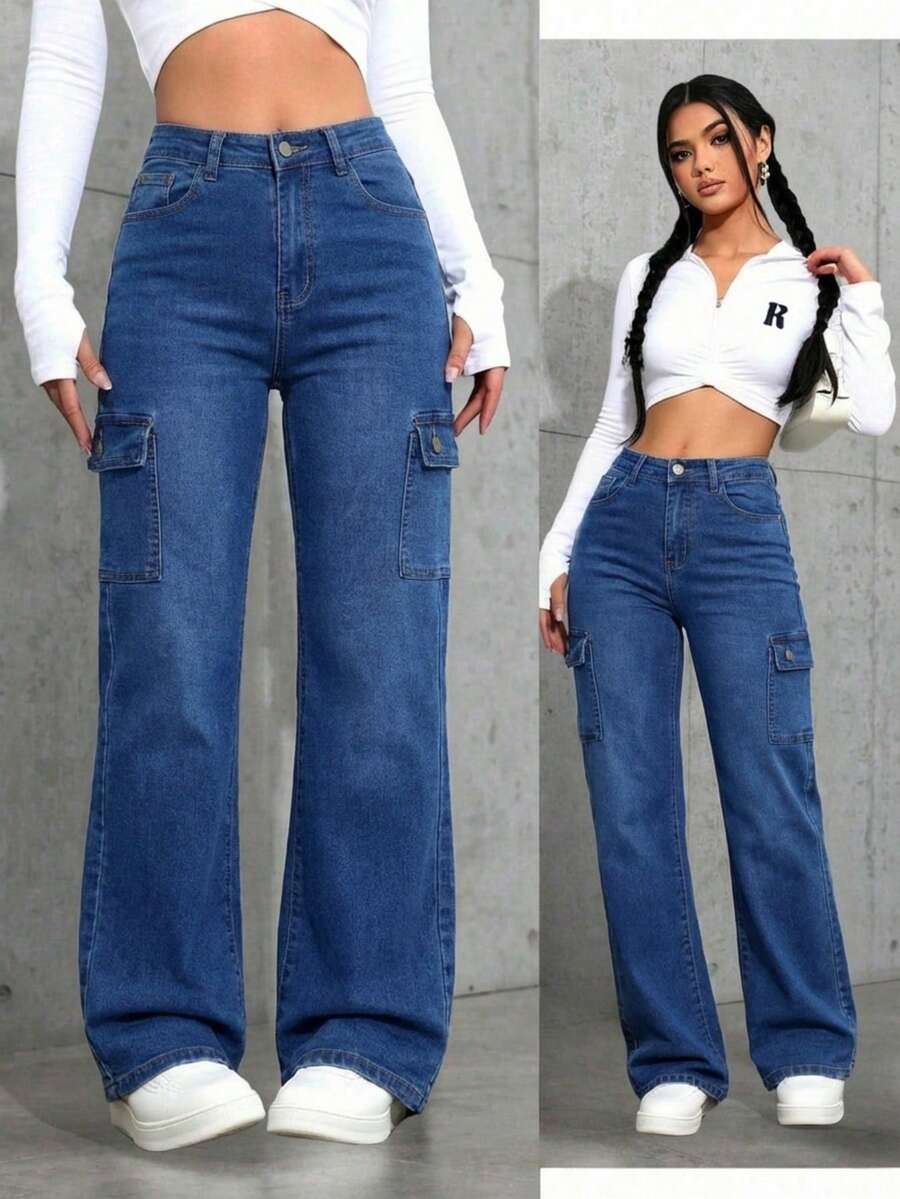 PANTALON MEZCLILLA DAMA SEMI CAMPANA CON BOLSAS DE CARGO CON UNA CARTERA, COMODO, Y PARA TODA OCASION - AZUL - Ver 1