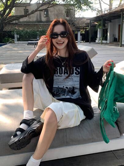 DAZY 女士圆领印花韩版休闲短袖T恤