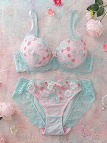 Elorette 2pcs Mint Green Underwire Bra Set, High Support, Lift & Cleavage, Floral Embroidery, Push-Up Comfy Balconette Bra Lingerie Set - Mint Green - View 1
