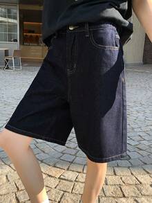 DAZY 少女夏季休闲水洗阔腿牛仔短裤 - 深色水洗藍 - 查看 5