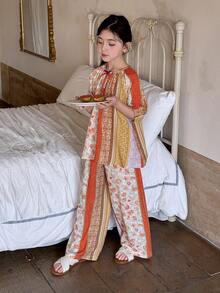Dazy Kids Tween Girl Floral Print Petal Sleeve Loose Top And Wide Leg Pants Pajama Set - Multicolor - View 3