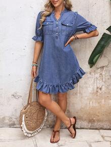 EMERY ROSE Women's Casual Notched Collar Ruffle Hem Denim Dress, Summer - Blue - View 6