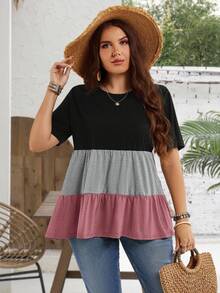 EMERY ROSE Áo tunic dáng rộng cho nữ cỡ lớn, cổ tròn, tay ngắn, phối màu, có bèo nhún, thích hợp cho mùa xuân và hè, Ngày của Mẹ. - Gỗ đỏ - Xem 6