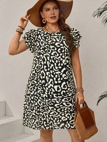 EMERY ROSE Plus Size Leopard Print Ruffled Hem Casual Vacation Dress,Vacation Outfits Woman,Summer Clothes - Black - View 3