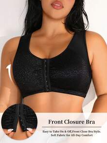 1 pièce Soutien-gorge sans armature à dos nageur, couleur unie, avec fermeture devant, rembourrage amovible et couverture complète, doux et respirant, pour femmes de grande taille NudeFit - Noir - Voir 4