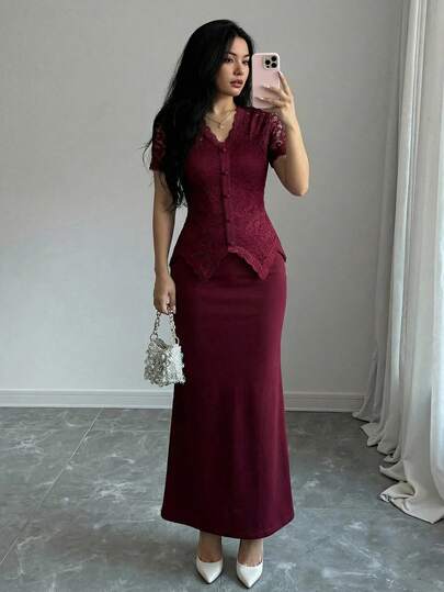 Modelyn 女士优雅通勤纯色蕾丝上衣和鱼尾裙两件套，夏季