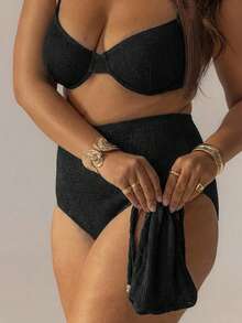 Striped High-Waisted Underwire Bikini Set With Swim Bag, Perfect For Vacations And The 4th Of July, For Summer Outfits And Beach Days - 黑色 - 查看 5