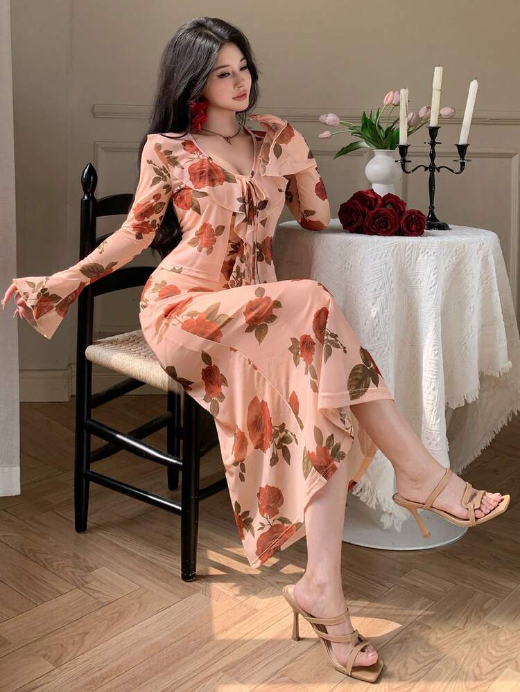 Women's Elegant Floral Print Ruffle Sleeve Cardigan And Slip Dress 2-Piece Set, Spring/Summer