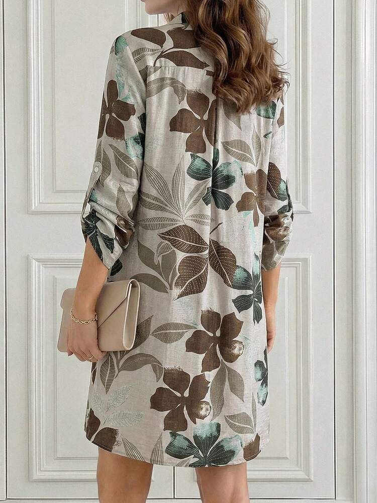 Women Floral Print Long Sleeve Single-Breasted Casual Shirt Midi Dress Summer Dresses For Women
