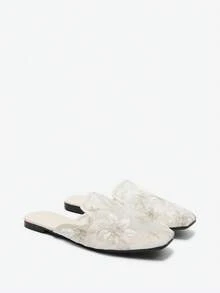 秋冬女式花卉刺绣网眼拼接平底穆勒鞋，时尚户外平底鞋 - 米色 - 查看 2