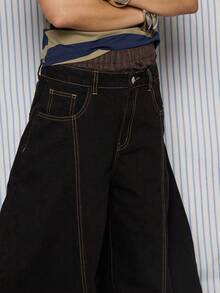 COUREZ Quần jeans ống rộng cạp thấp phối đường may tinh tế / Phong cách Y2K mùa xuân cho nữ, thời trang đường phố, trang phục thường ngày đi chơi, dự tiệc, rave, trang phục mùa hè. - màu đen - Xem 7