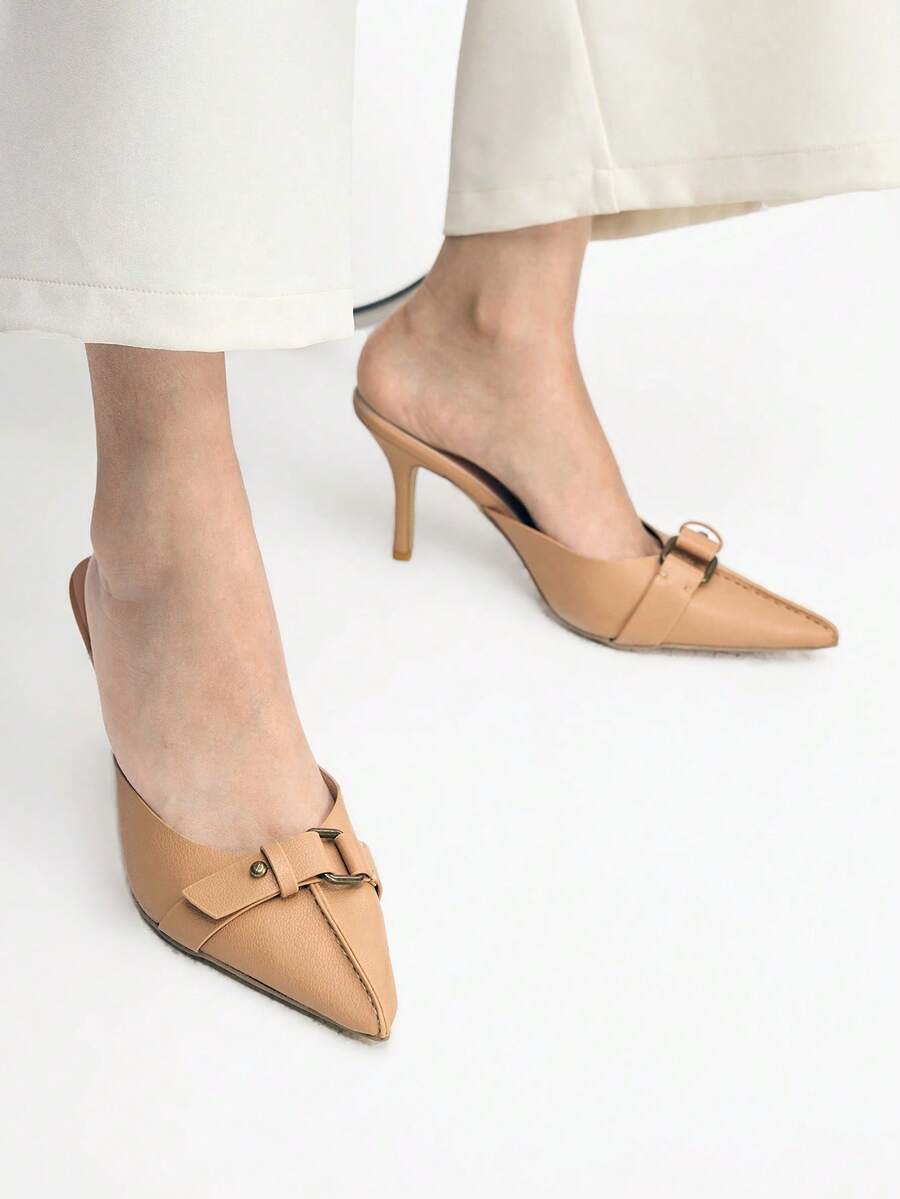 Mnmlis Women's Pointed Toe Buckle Design Fashionable Elegant High Heel Mules - Brown - View 1