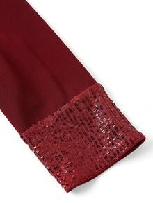 SHEIN Clasi 女士优雅亮片拼接圆领中袖连衣裙，夏季 - 酒紅色 - 查看 3
