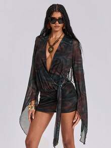 ROMWE Y2K Spring/Summer Vintage Leopard Print Deep V-Neck Backless Mini Dress For Women, Summer Vacation - Multicolor - View 4