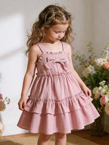 SHEIN Young Girl' Sweet Cute Pink Spaghetti Strap Ruffle Bow A-Line Cake Dress, Suitable For Spring/Summer Parties, Outings, Daily Wear - Pink - View 8