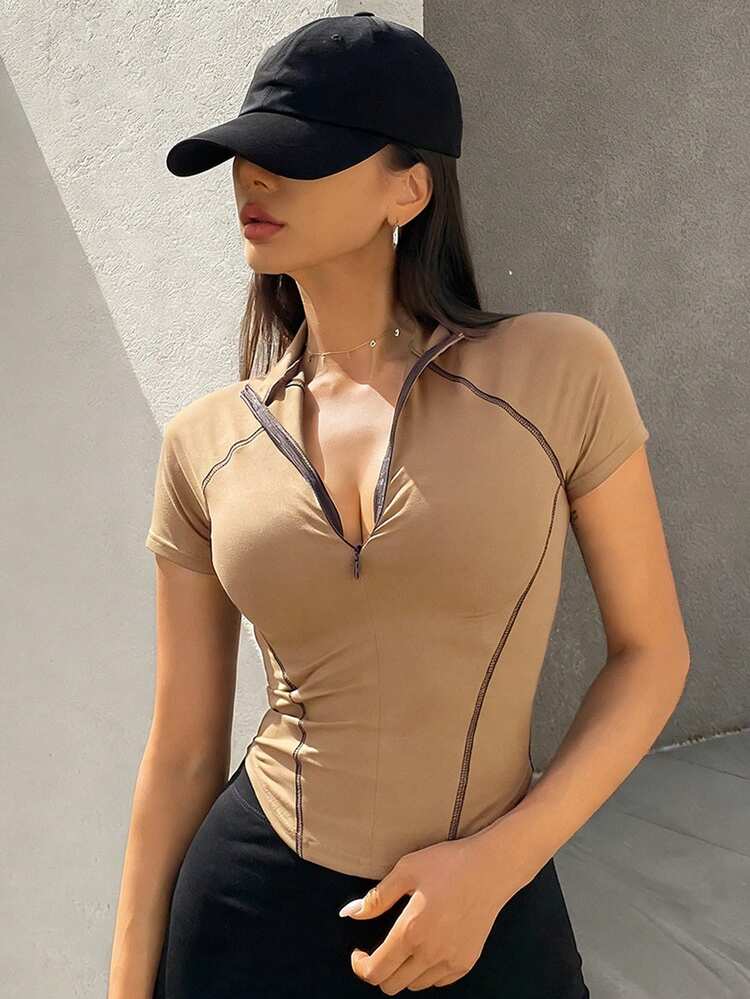 Women's Solid Color Raglan Short Sleeve Zip-Up Mandarin Collar Fitted Casual T-Shirt Summer