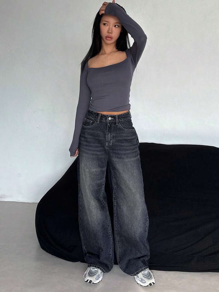 Women's Washed Ombre Loose Fit Jeans