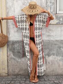 Brillora Áo khoác kimono dáng rộng, thanh lịch, lãng mạn dành cho nữ, in họa tiết, chất liệu mềm mại và thoải mái, thích hợp cho mùa xuân/hè. - Đen và trắng - Xem 1