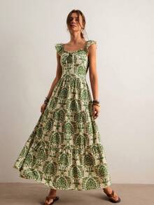 Freevana 波西米亚风绿白复古印花吊带连衣裙，腰部收褶飘逸裙摆，露背系带设计，轻盈度假风及踝连衣裙，春夏款 - 綠色 - 查看 6