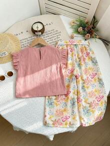LMoss Kids Bộ đồ 2 món LMoss dành cho bé gái: Áo dệt kim màu trơn cổ bèo nhún và quần ống rộng dệt họa tiết hoa nhí. - Màu Hồng baby - Xem 2