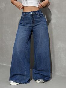 SHEIN Tall Summer Women's TallCasual Daily Commuting Going Out Outfit Pocket Button Casual Versatile Daily Wear Wide Leg Blue Jeans - Dark Wash - View 7