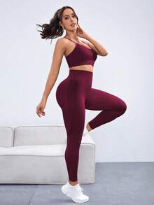 Rhythm Era Bộ đồ thể thao yoga, tập luyện, tập thể dục không đường may, co giãn cao cấp, gồm áo ngực và quần legging, cỡ lớn, không lưng, ôm sát. - Màu Đỏ Sâu - Xem 3