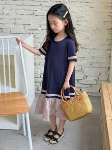 Dazy Kids Young Girls Color Block Korean Style Patchwork Dress Summer Sun Dresses - Pink - View 1