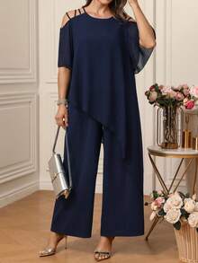 EMERY ROSE 大码女式优雅不规则下摆露肩上衣和裤子两件套，带口袋，春夏款 - 藏蓝色 - 查看 1