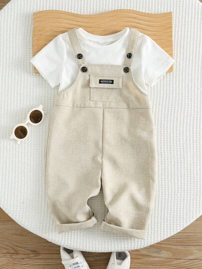 SHEIN Baby Boy Cute Casual Preppy Versatile Summer Bib Overall Pants, Suitable For Birthday Party, Evening Party, Performance, Wedding, Baby's First Month, Baptism And 1st Birthday Celebration
