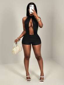 BamGleam Women's Fashionable Sexy Hollow-Out Backless Halter Neck Romper Unitard For Summer - Black - View 5