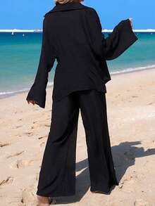 Swim Lushoire Áo khoác kimono dáng rộng màu đen thêu họa tiết, thanh lịch, thích hợp cho kỳ nghỉ xuân/hè 26SS, đi biển. - màu đen - Xem 2