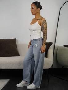 SAYEHFBABY 女式口袋做旧磨边锥形休闲牛仔裤 - 淺色水洗藍 - 查看 4