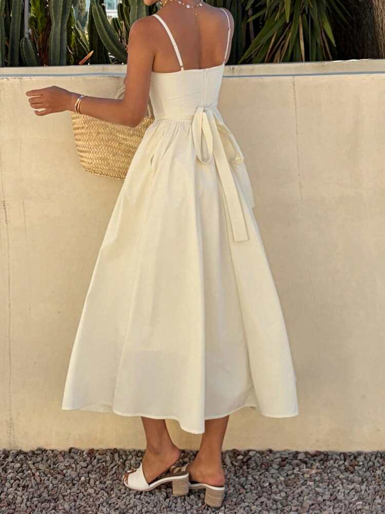 Women's Elegant Solid Color Spaghetti Strap Waist Tie Mid-Length Dress, Summer Sundress