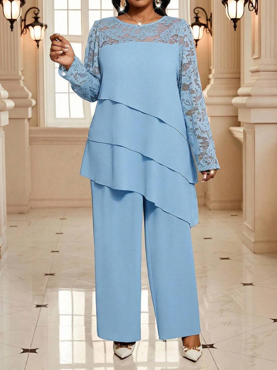SHEIN Lady 大码蓝色套装，春夏套装，亮面套装，蕾丝拼接套装，休闲装，时尚系列，户外装，日常搭配，长袖上衣和裤子 - 藍色 - 查看 1