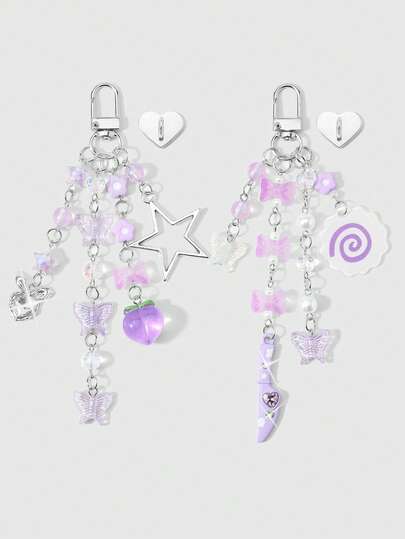 ROMWE Kawaii 1 New Ins Style Creative Exquisite Fashion Sweet Purple Series Fine Flash Resin Round Beads Colorful Bow Butterfly Star Faux Pearl Acrylic Fish Cake Peach Flash Diamond Simulation Knife Love Pendant DIY Keychain Bag Pendant Water Cup Pendant Mobile Phone Case Pendant, Send Fixed Paste Love Accessories, Suitable For Sisters, Girlfriends, Girls And Ladies Daily Wear, Holiday Gifts