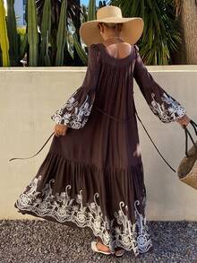 DAZY Women's Square Neck Long Sleeve Bohemian Style Elegant Cinched Waist Waist Dress, Vacation Vibe Maxi Dress Sundress Boho - Brown - View 3