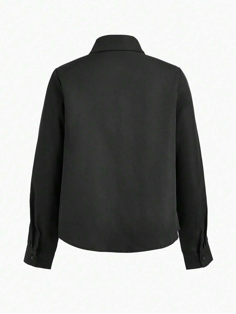 MOTF PREMIUM WOMEN'S SOLID COLOR FOLD PLEATED REGULAR ELEGANT COMMUTER VERSATILE SHIRT, SUITABLE FOR SPRING AND AUTUMN - Black - View 2