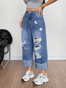 SHEIN Tall Women's Distressed Slant Pocket Casual Versatile Wide Leg Jeans - Light Wash - View 6