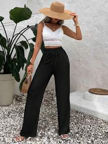 EURMUSE Women's Summer Solid Color Beige High Waist Drawstring Waist Linen Wide Leg Pants - Black - View 5
