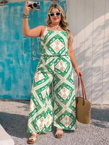 Vivid Eden 大码女式时尚休闲优雅浪漫印花两件套，春夏款 - 綠色 - 查看 3