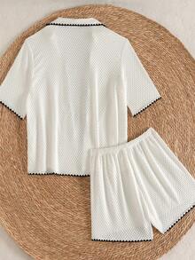 Swim Basics Women's All White Summer Casual Beach Party Vacation Holiday Outfit,Dotted Texture Mid-Sleeve Open Front Shirt & Shorts 2-Piece Set With Jagged Edge - White - View 2