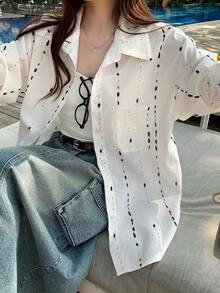 女士通勤优雅亚麻染色长袖衬衫，小众百搭设计上衣 - 杏色 - 查看 11