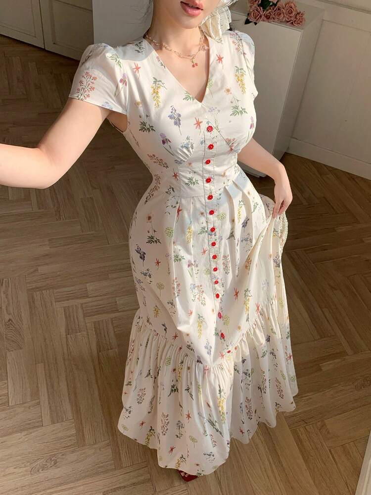 French Sweet Fresh Floral Print V-Neck Cinching Waist Midi Dress Sundress