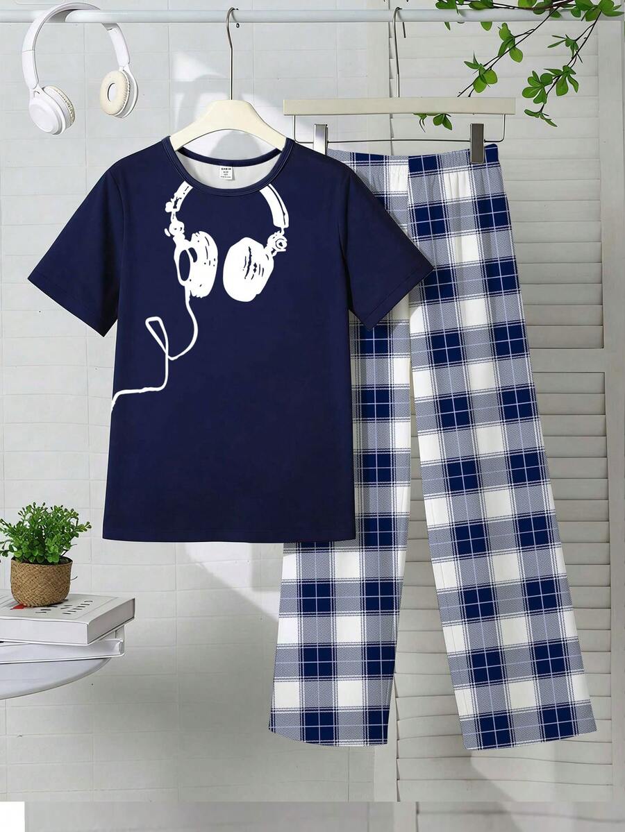 Conjunto de pijama para niños preadolescentes, parte superior de punto con estampado de auriculares azul emparejada con pantalones estampados a cuadros, pijama informal de 2 piezas de manga corta y cómodo y holgado - Neblina azul - View 1