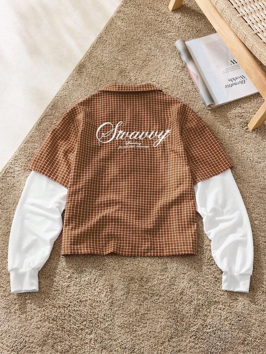 SWAVVY 男士字母刺绣格子印花二合一衬衫 - 棕色 - 查看 1